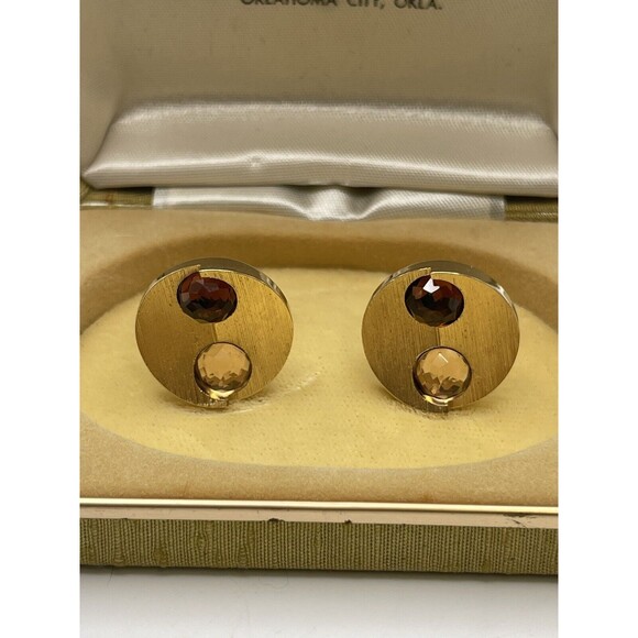 Vintage Gold Tone Textured Round Brown & Tan Crystal Encrusted Cuff Links New - Picture 2 of 8